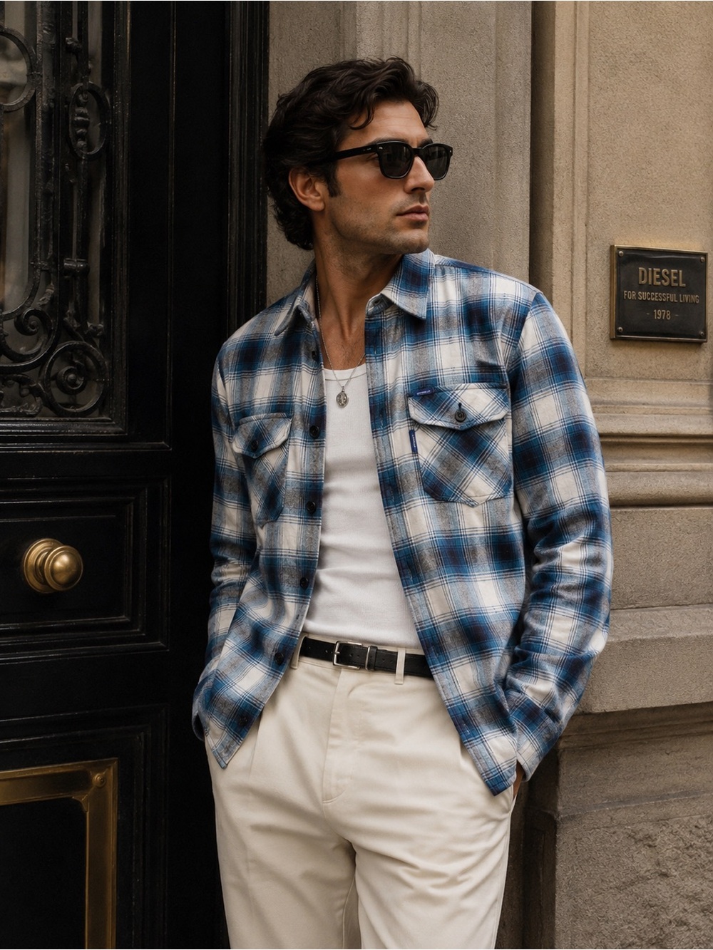 Diesel Plaid Flannel Shirt Blue Cotton Utility Workwear Italy Fits Men Large